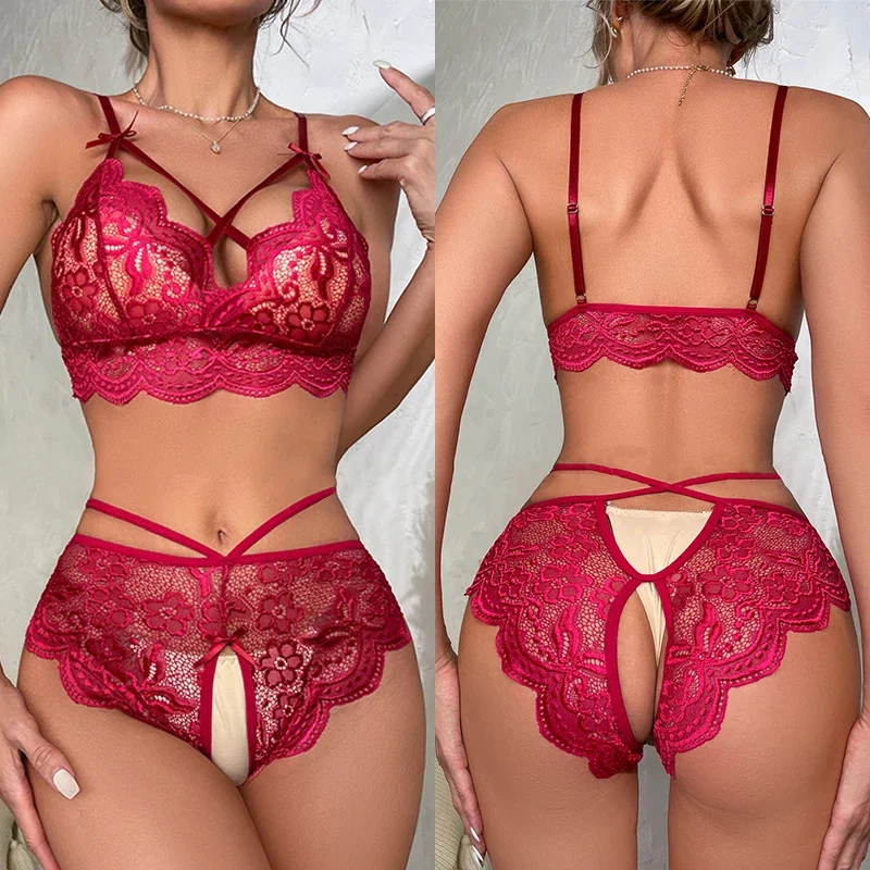 Lingerie de renda confortável para mulheres, sutiã sexy e calcinha, ver através de conjuntos de lingerie, roupas íntimas femininas virilha aberta, fantasias eróticas