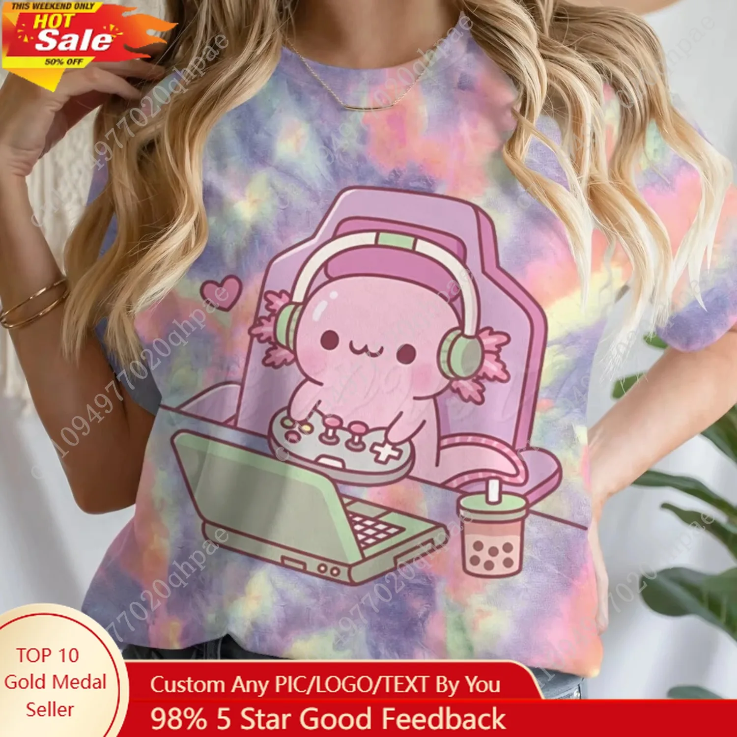 

Girls' Summer Clothes Cute Axolotl Playing Games Graphic T-Shirt 3D Print Tie Dye Children's Clothing for Girl Short Sleeve Tee