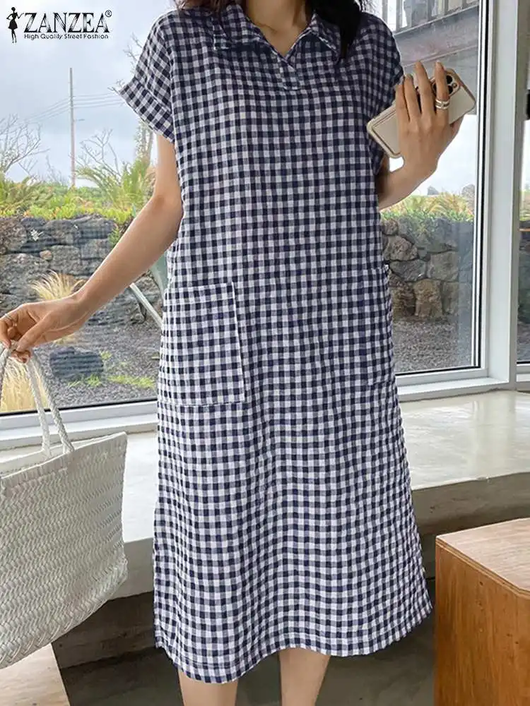 ZANZEA Summer Grid Printed Dress Women Lapel Neck Short Sleeve Sundress Bohemian Casual Holiday Work Vestido Robe Plaid Kaftan