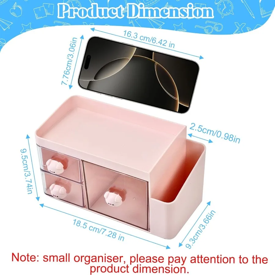 Organizer Meja dengan 3 Laci, Organizer Alat Tulis Lucu untuk Meja, Kotak Penyimpanan Makeup Plastik, Aksesoris Meja Multifungsi, Tempat Penyimpanan Rapi