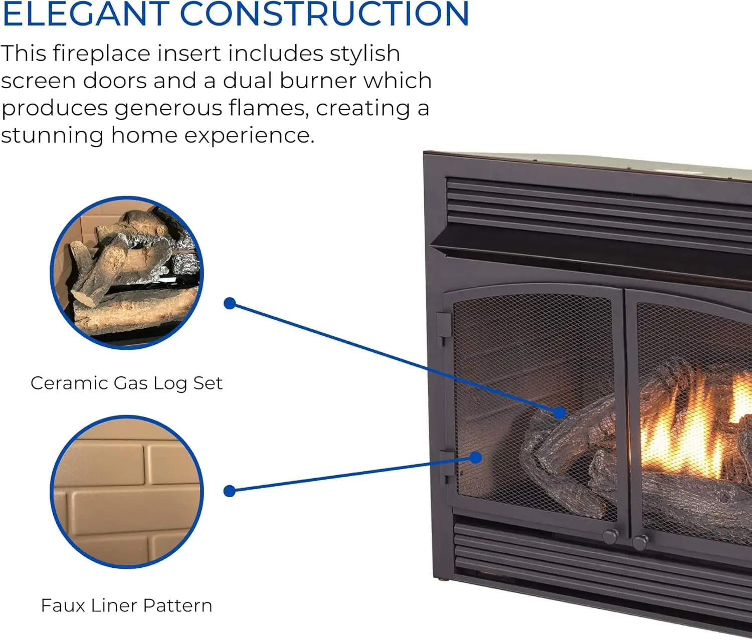 Dual Fuel Ventless Gas Fireplace Insert, Thermostat Control, 6 Fire Logs, Use with Natural Gas or Liquid Propane, 32000 BTU