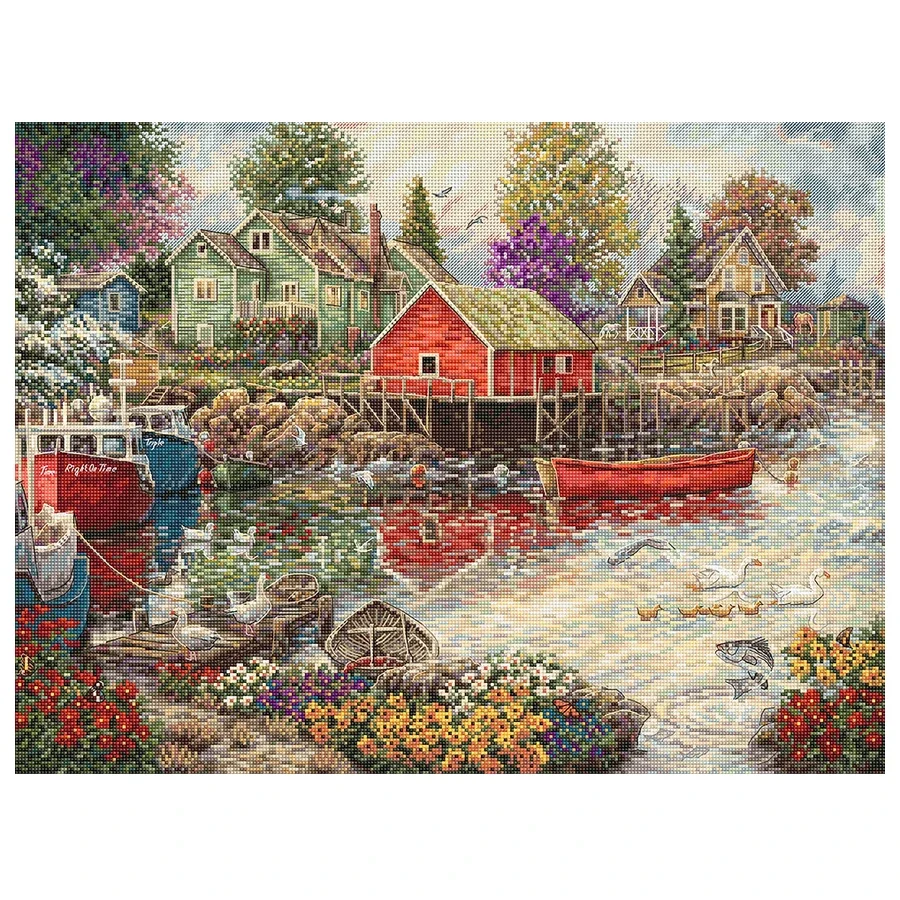 Amishop Quiet Cove, Counted Cross Stitch Kit, Port Terminal, Boat, Red House, Cottage, DIY Embroidery, Home Decorate, LETI L8077