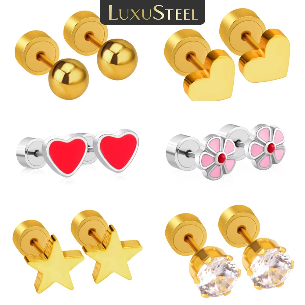 LUXUSTEEL Cute Heart Star Stud Earrings For Women Flower silvery Stainless Steel Crystal Female Earrings Metal Luxury Jewelry