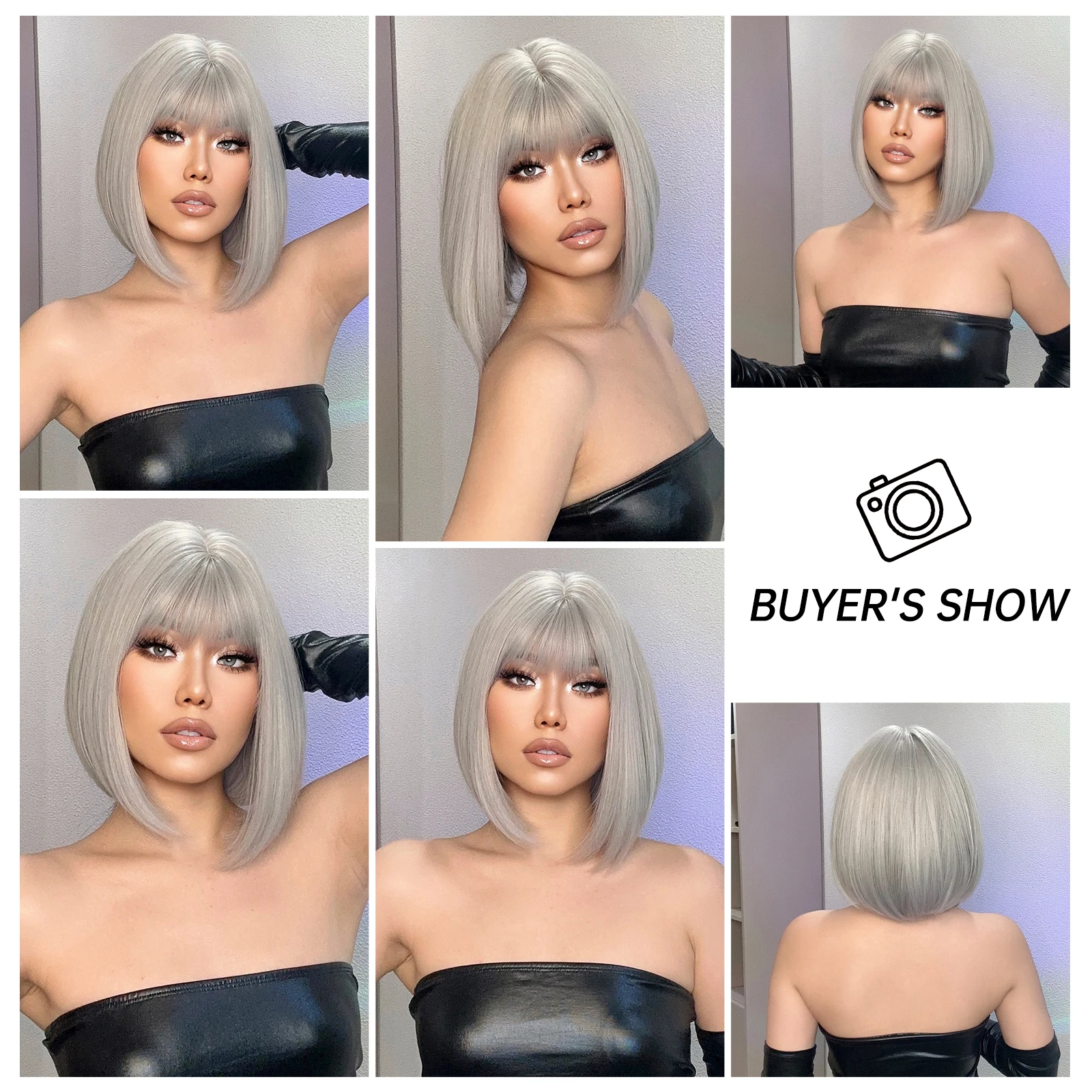 Synthetic Short Ash Gray Silver Bob Wig with Bangs for Women Afro Straight Cosplay Party Daily Hair Wigs Heat Resistant Fibre