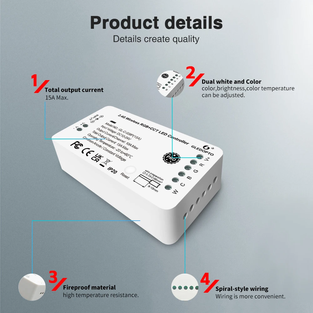 GLEDOPTO Zigbee 3.0 LED Strip Controller RGBCCT Pro 15A Current Work with Hu/e Tuya SmartThings App 2.4G RF Remote Control Voice