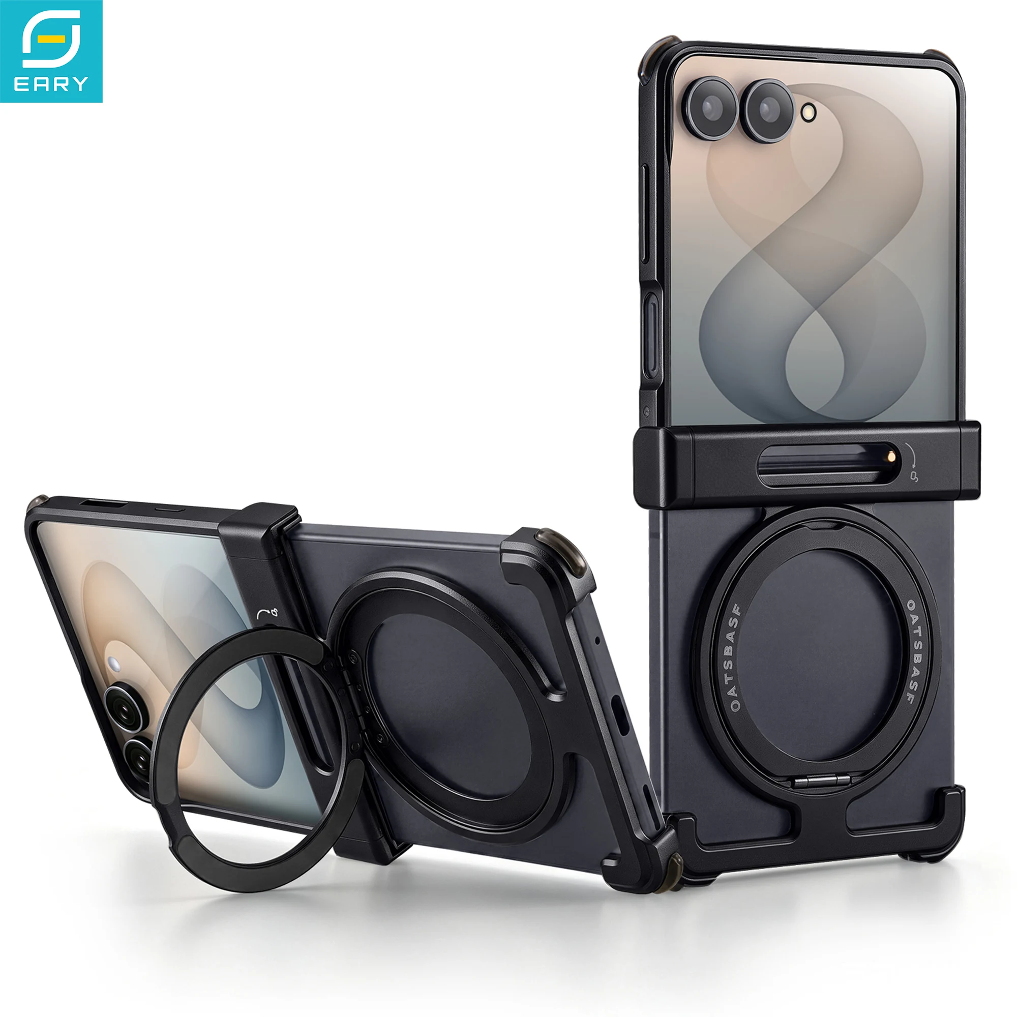 Eary Frameless Case for Samsung Galaxy Z Flip 8 with 360°Rotatable Magnetic Stand Metal Bumper Shockproof Protective Phone Cover