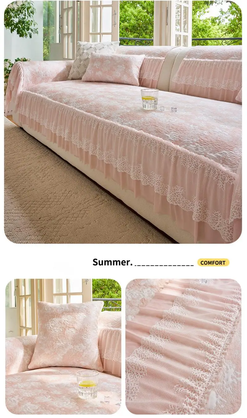 Sommerlicher, hautfreundlicher Sofabezug aus Eisseide mit Spitzenbesatz – Kühlender, atmungsaktiver Strick-Sofa-Sitzbezug – Detail 7