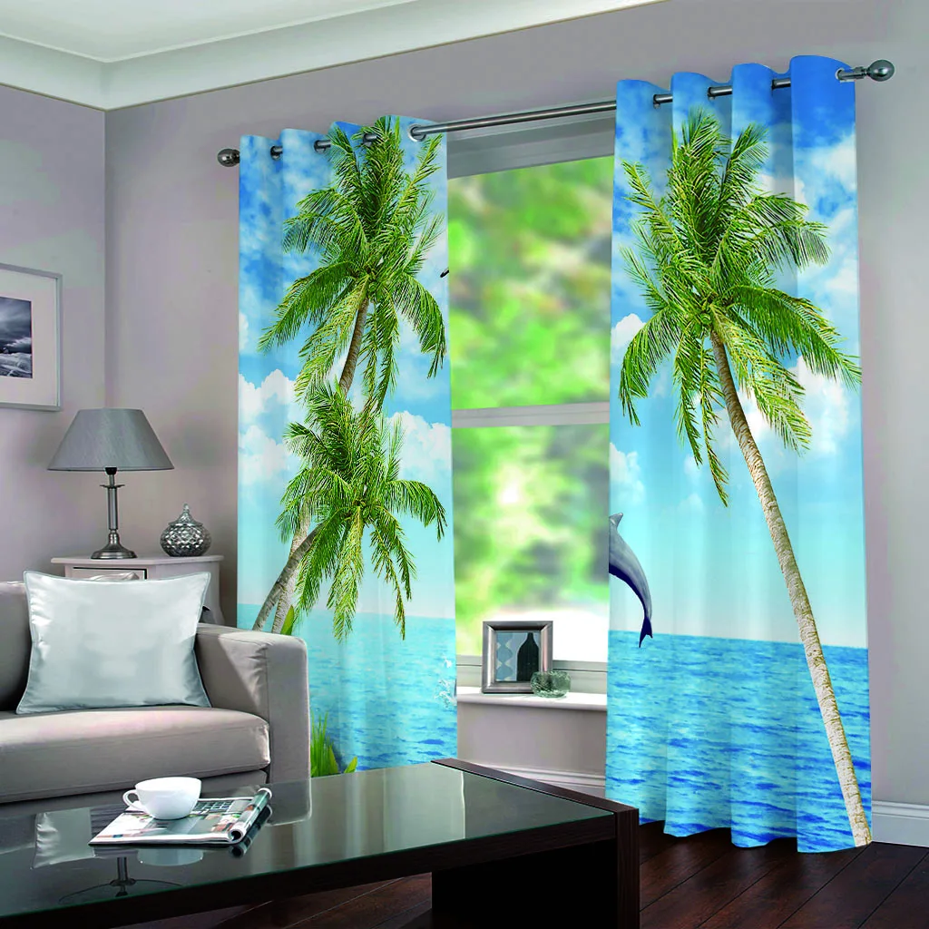 Luxury Blackout 3D Window Curtains For Living Room Bedroom Customized size blue beach dolphin Decoration curtains