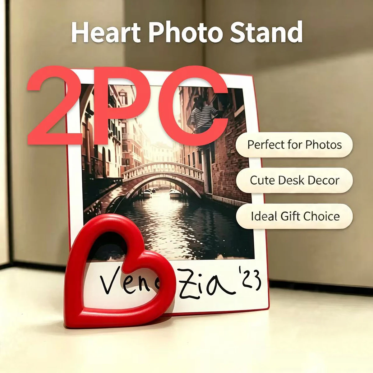 Heart-Shaped Photo Stand Two-Piece Set Desktop Photo Frame Postcard Card Display Base Ins Style Cute Heart-Shaped Desktop Decoration Ornament Couple Gift Small Accessory