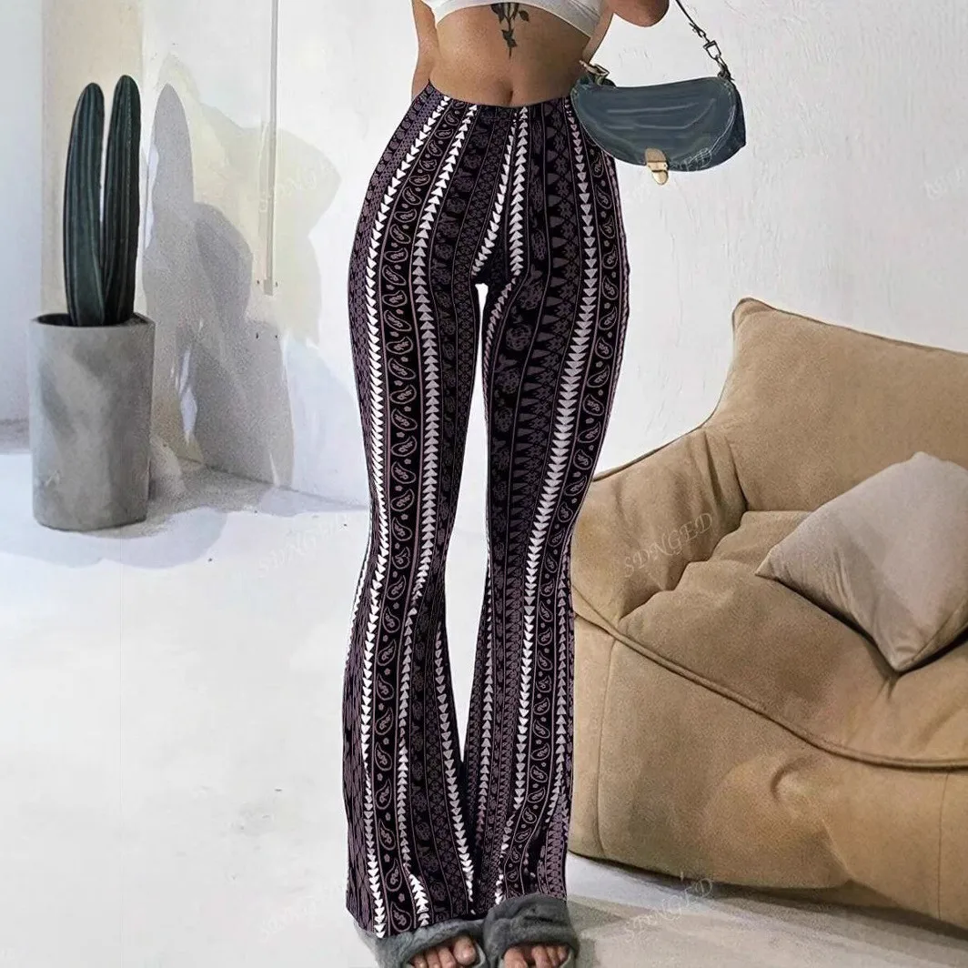 Women Leggings High Waist Boho Print Flared Pants Tribal Pattern Tight Pants Black Base Contrast Slim Pants Stretch Casual