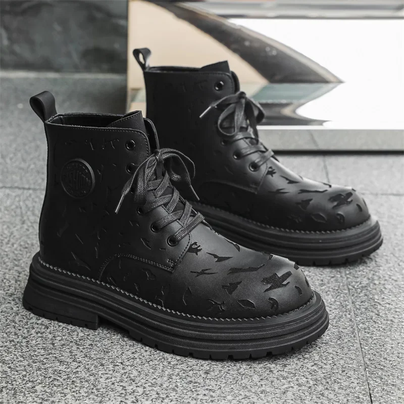 CLAIAMI Leather Ankle Men Boots Breathable Lace-up Rubber Men Shoes Casual Trendy Men Boots Street Luxury Shoe Zapatos De Hombre