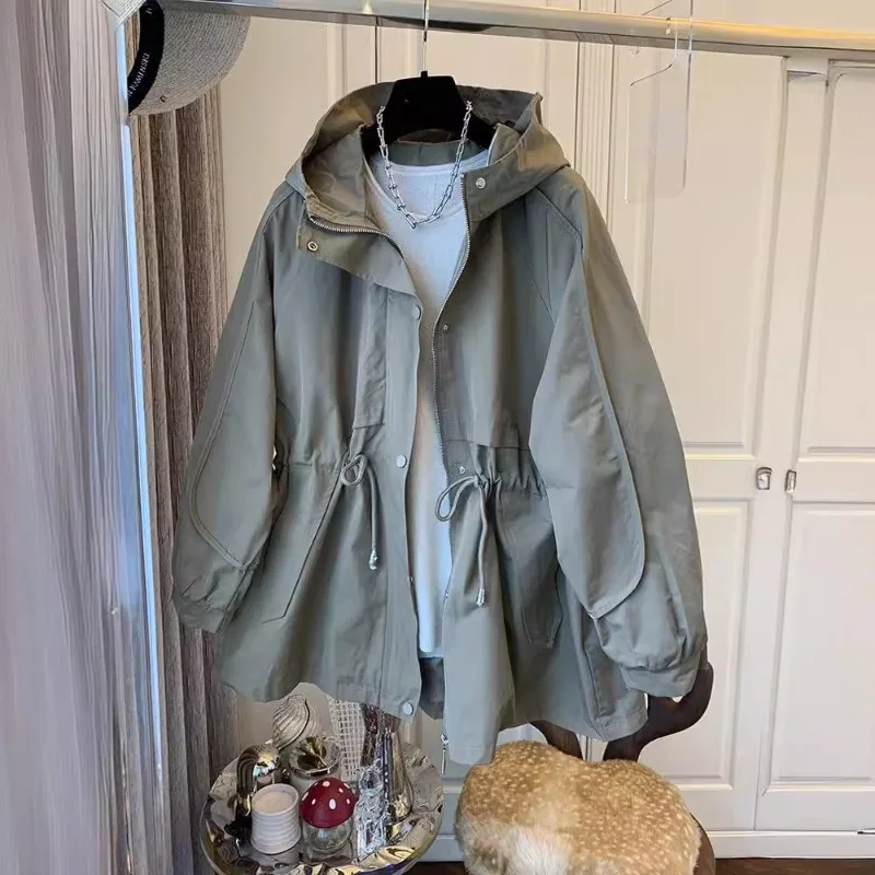 

Trench Coat Women Niche Korean Version of Loose Casual Retro Drawstring Hooded Tooling Jacket Medium and Long
