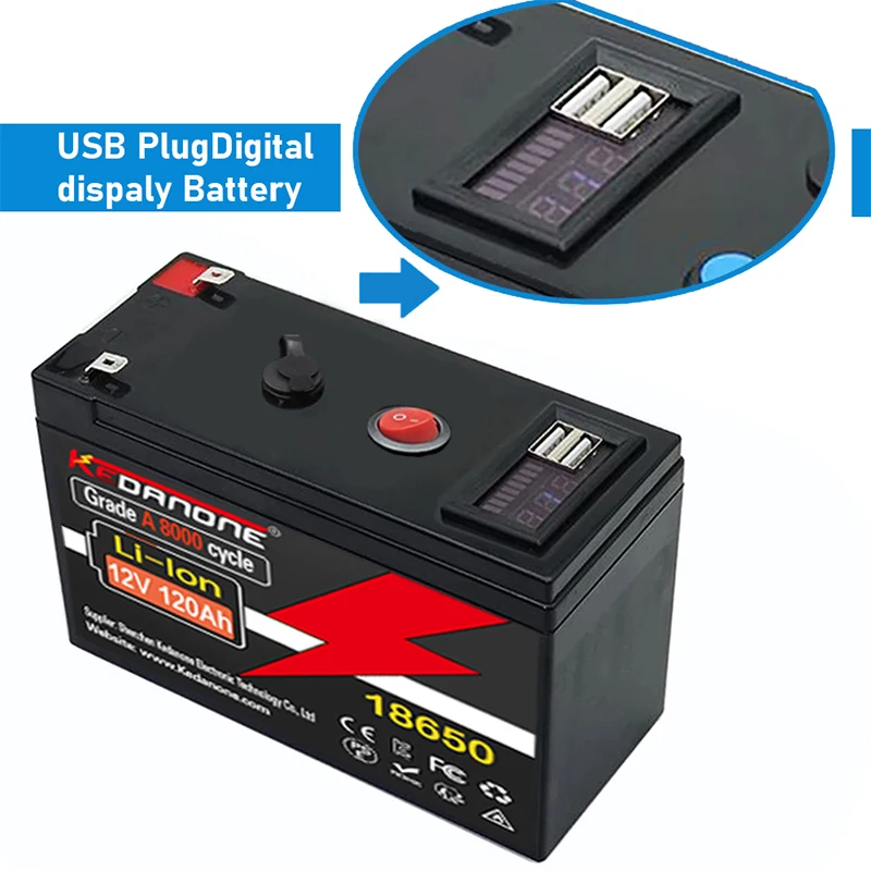 

12V 140Ah Li-ion Battery 18650 with Dual USB Ports & LED Display + Charger - Fast Charging for Phones/Devices Solar