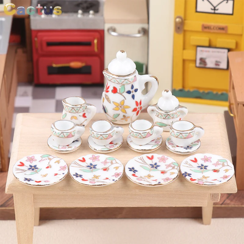 15Pcs/set 1:12 Dollhouse Miniature Ceramic Tea Set Cup Kettle Tray Flower Tableware Kitchen Decor Toy Doll House Accessories