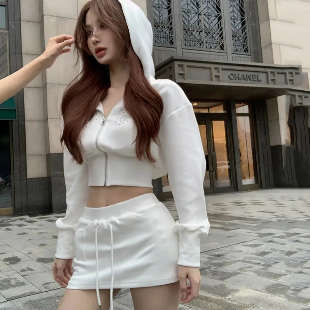 Hot Girl Fashion Sports Suit Women\'s Autumn Butterfly Zipper White Hooded Sweatshirt +High Waist Mini Skirt Casual Two-piece Set