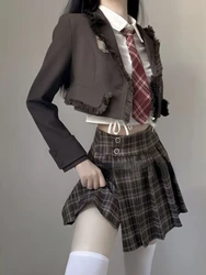 2023 Autumn Fashion Y2k 3 Piece Set Skirt Woman Short Blazer + White Casual Shirt + Slim Plaid Mini Skirt Spicy Girls Korea Suit