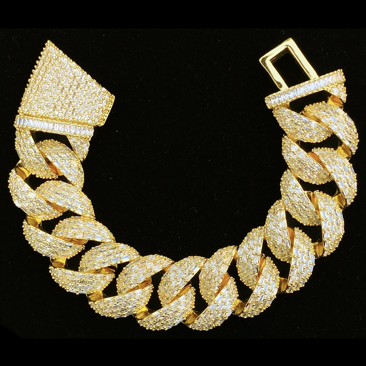 Aokaishen 25mm Special Clasp Baguette Cuban Link Bracelet for Men 5A Cubic Zirconia Gold Plated Hip Hop Jewelry