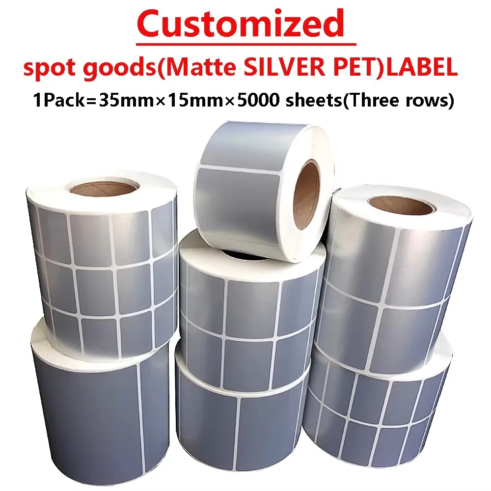 

Индивидуальные матовые серебристые этикетки из ПЭТ, 1 упаковка, 35мм×15мм×5000 листов, три строки, подходят для печати на резиновой ленте на основе углеродной смолы