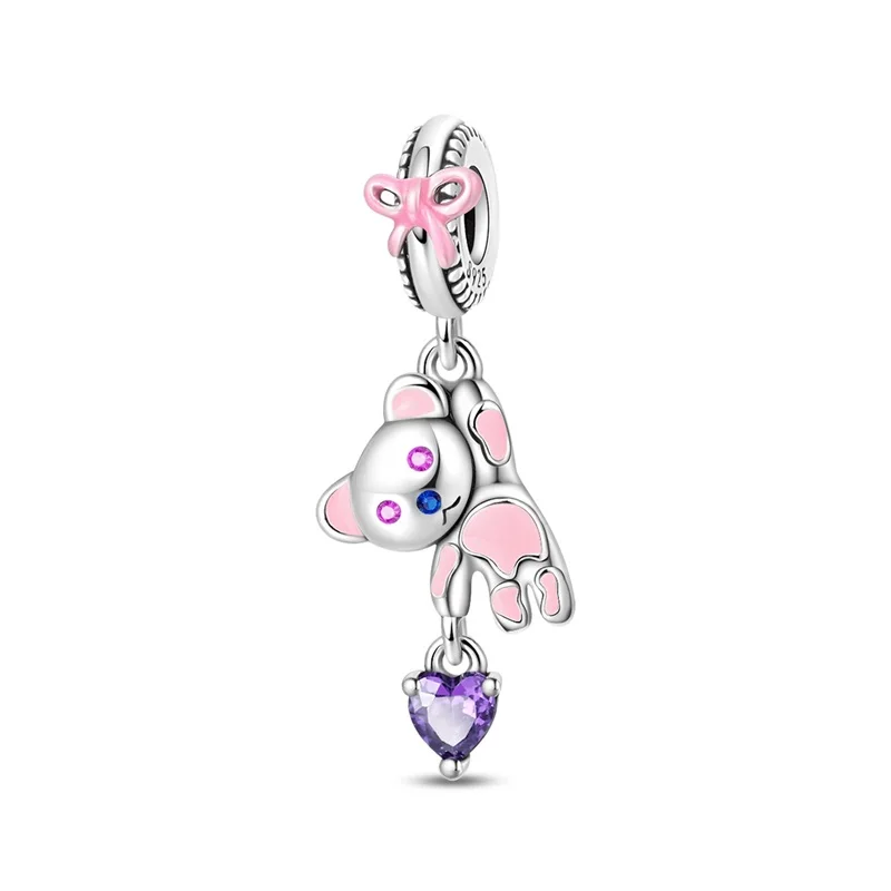 

925 Sterling Silver Pink Bear Charms Pendant For Women Fit Original Bracelet DIY Birthday Party Jewelry Gifts