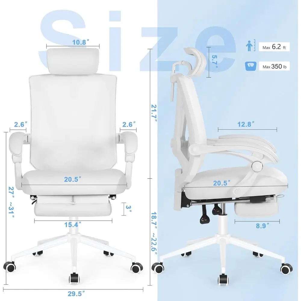 Silla ergonómica de cuero blanco con soporte lumbar ajustable y reposacabezas