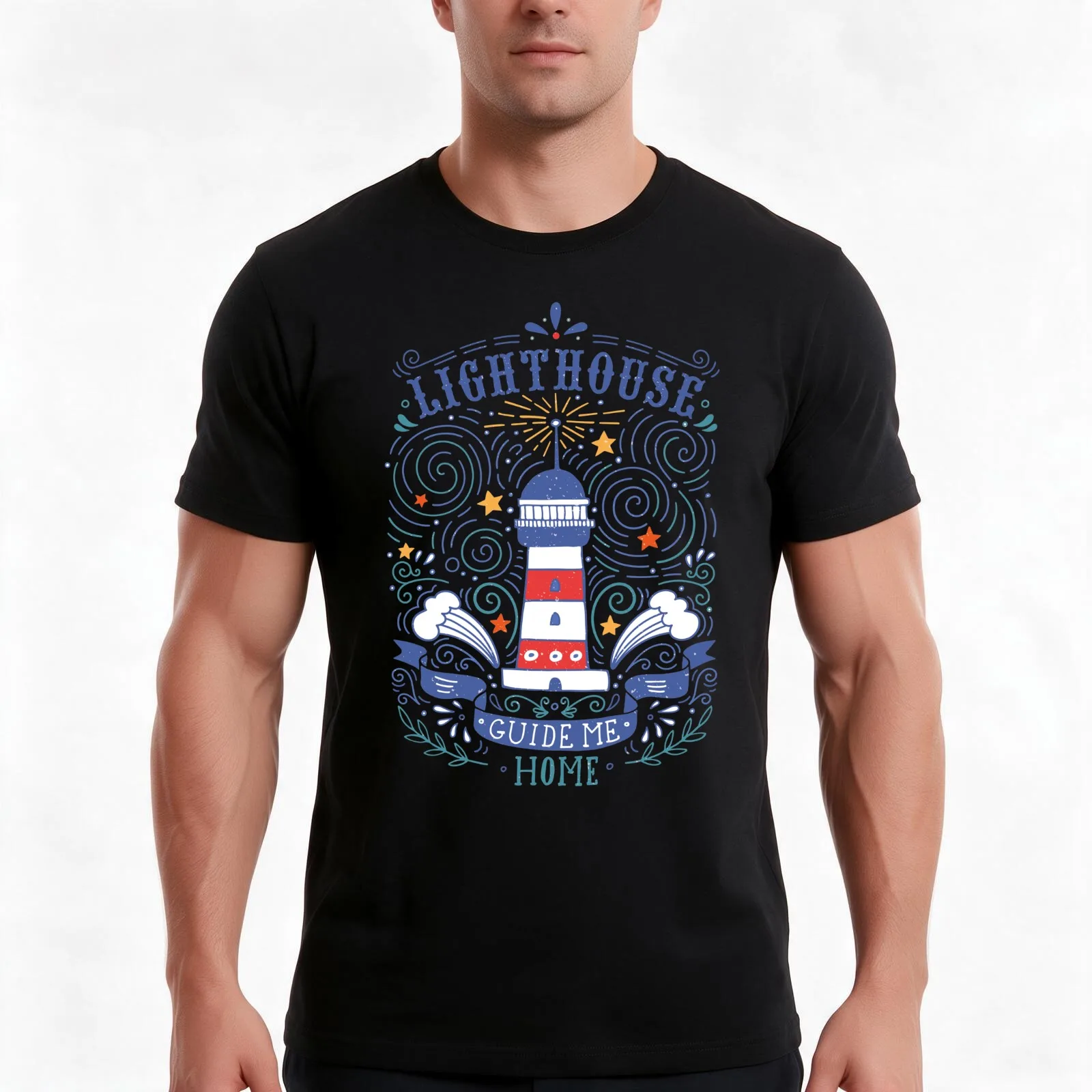 Lighthouse with a hand-lettering quote T-Shirt, Summer Casual Cotton Tee, Oversized Streetwear Tops, Vintage Graphic Print