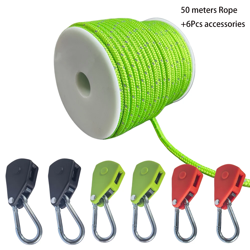 

50 M 1 Roll Reflective Tent Rope 4mm Cord And 6 Pcs Tie Down Pulley Ratchet Camping Wind Rope Outdoor Wind Rope Buckle Tightener