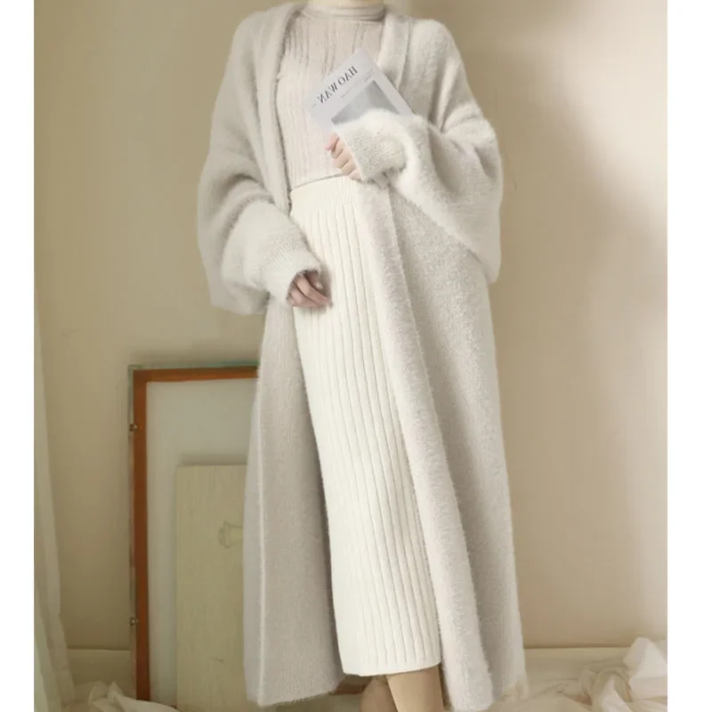 

Nice White Long Cardigan For Women Winter Clothes Knitted Fluffy Long Sleeve Cashmere Sweater Coat Clotkorean Style Warm Vintage