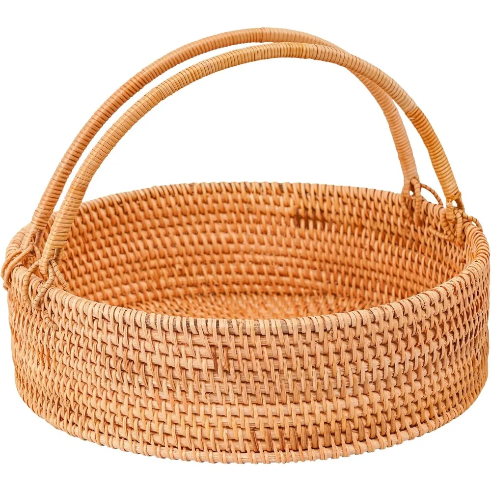 Rattan Picnic Basket with Handles, Round Wicker Gift Basket Hand-Woven Basket for Fruit