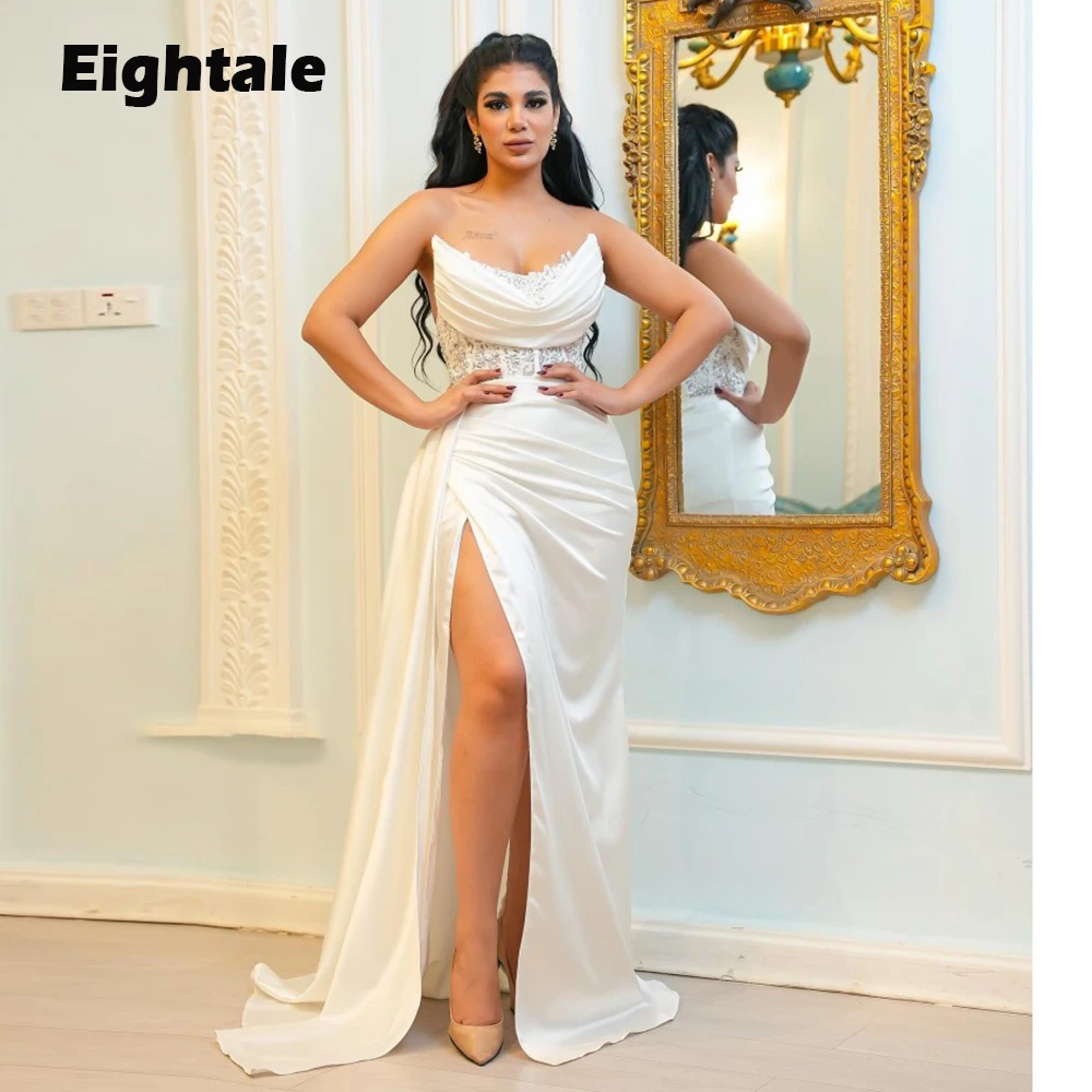 

Eightale Arabic Evening Dresses Mermaid Formal Satin Slit Beaded Pleats Formal Celebrity Prom Party Gowns for Wedding