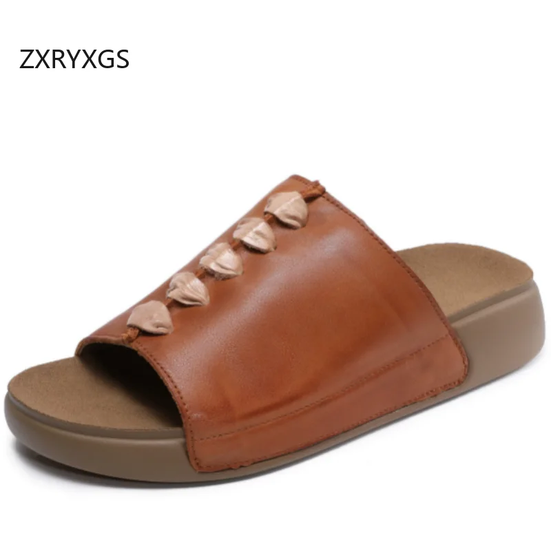 

ZXRYXGS 2026 Летние женские шлепанцы из натуральной кожи с открытым носком, уличная обувь, сандалии на плоской толстой подошве, модные повседневные шлепанцы