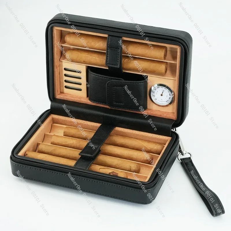 Elegant Cedar Wood Cigar Case Set for 6 Cigars Portable Zipper Travel Cigar Box Holder Humidor Style Storage Bag Smoking