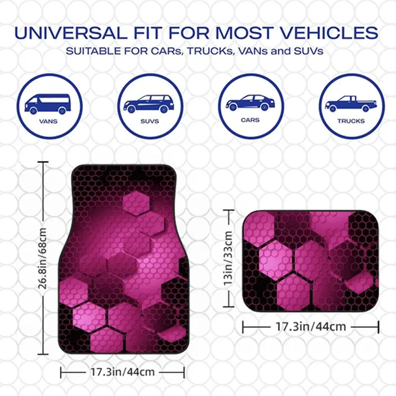 4pcs Rose Pink Honeycomb Print Car Floor Mat Universal Non-Slip Polyester Auto Floor Carpets Set Interior Accessories For SUVs view 2