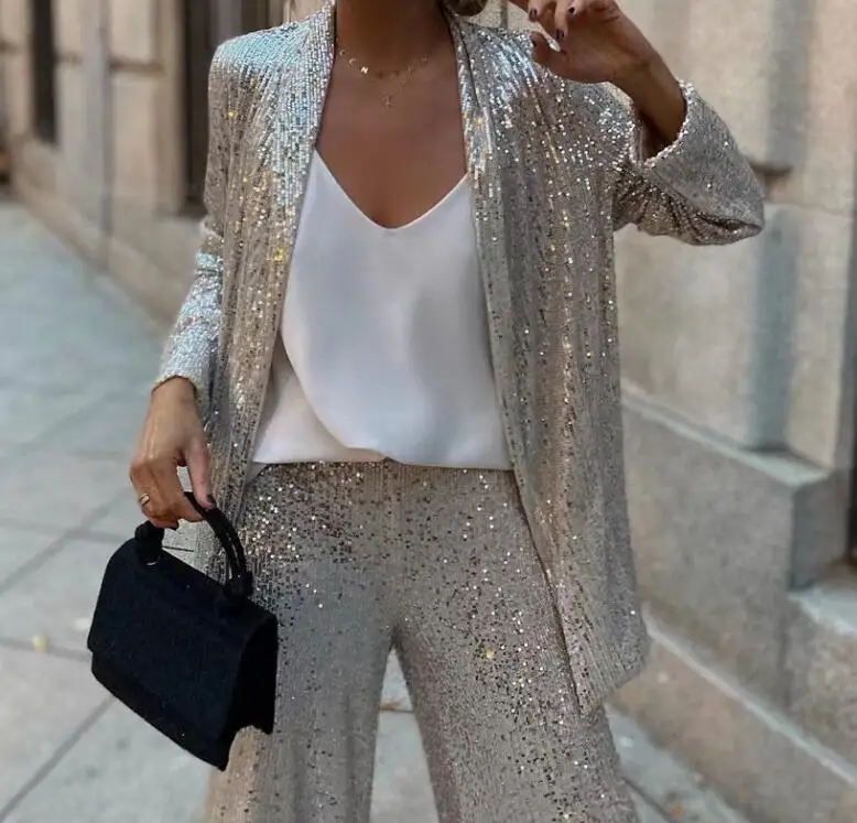 Spring/Summer New Fashion Sequin Long Sleeved Lapel Coat + Wide Leg Pants For Women