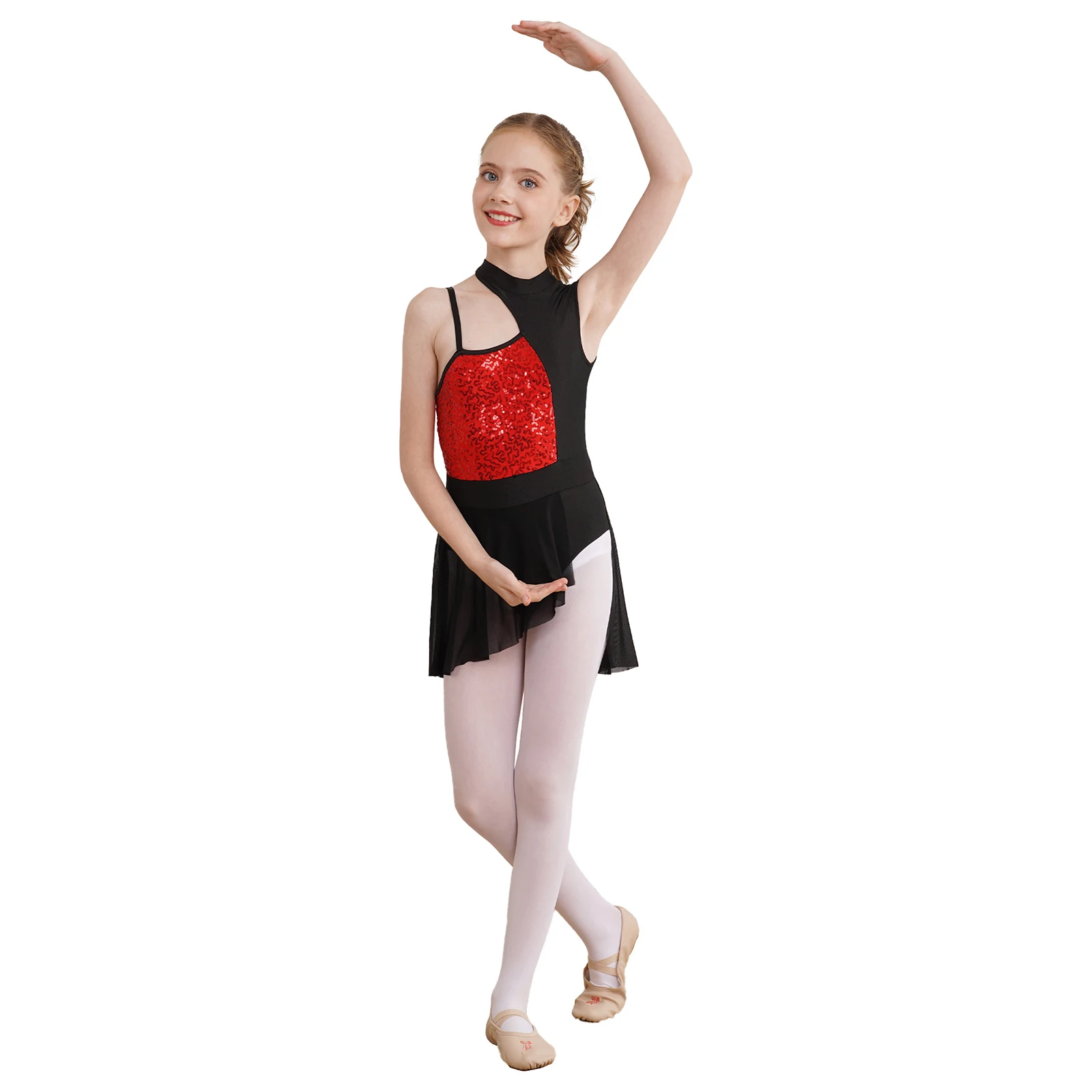 Vestido de collant de ginástica com lantejoulas brilhantes para meninas, traje de dança lírica para adolescentes, roupa dançante para crianças, patinação no gelo