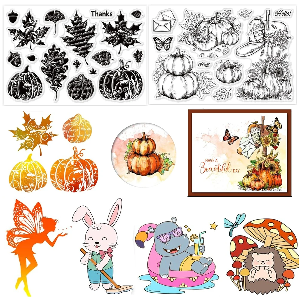 

Autumn Leaves Clear Stamp for DIY Scrapbooking Fall Pumpkin Silicone Clear Stamp Seals Transparent Stamps for Cards Making Photo