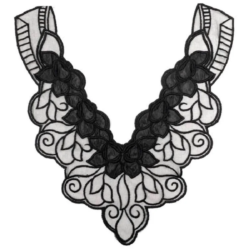 2PCS Black patchwork fabric corsage with embroidered collar and intricate network appliqué, featuring a faux collar with embroid