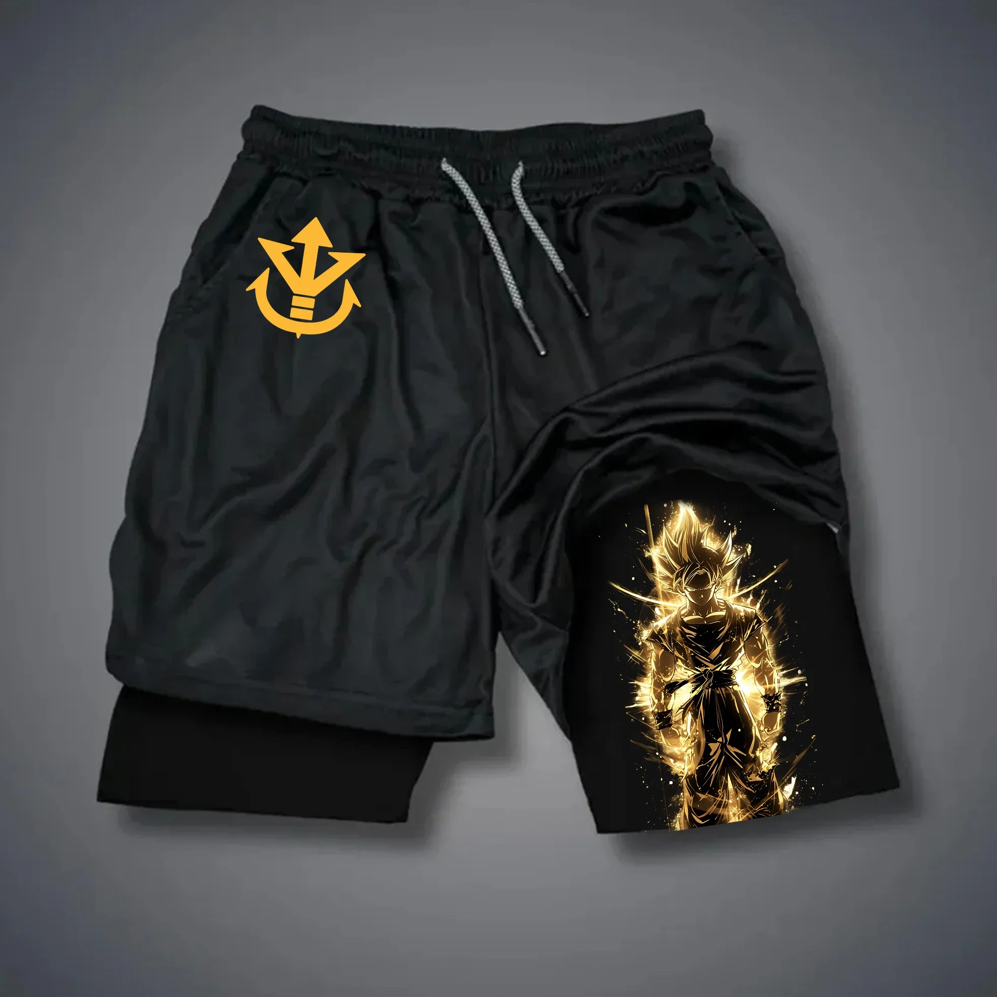 

Dragon Ball Z Training Shorts for Men Classic Goku Battle Pose Right Side Logo Text Adjustable Drawstring Waist Gym Wear