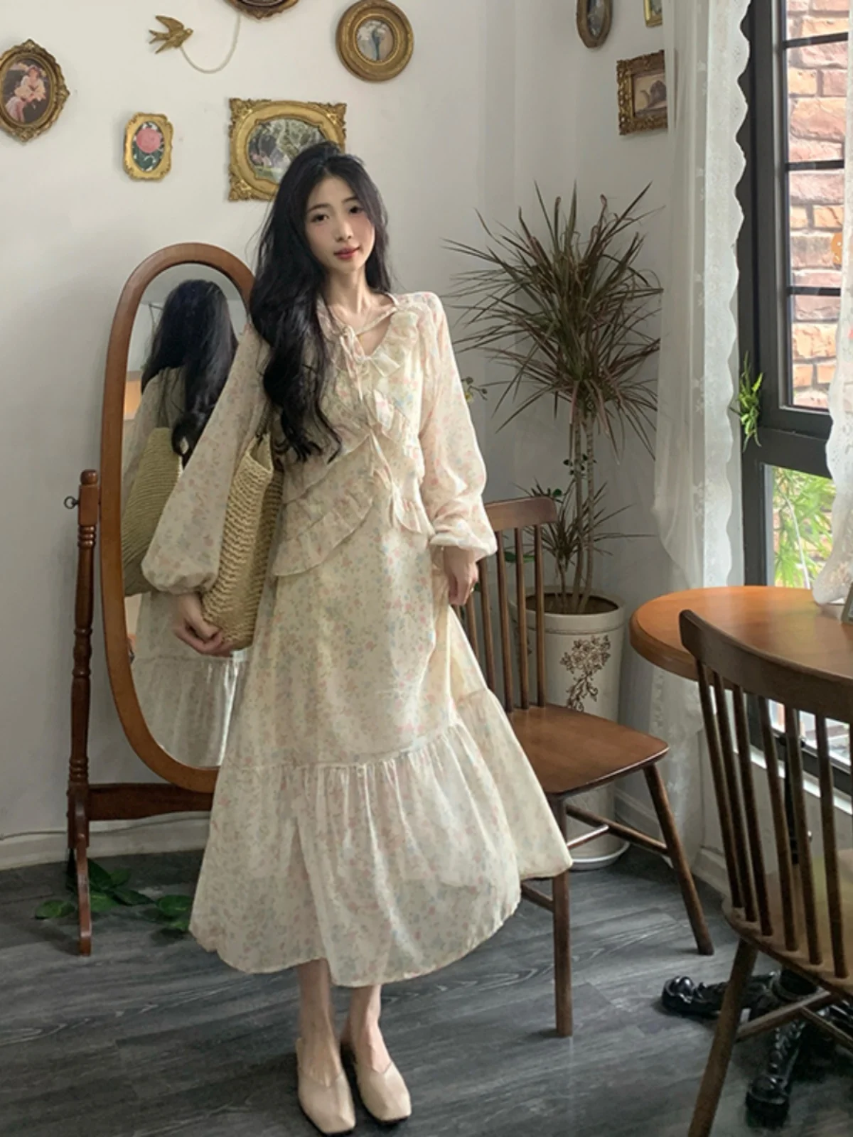 

plus Size Women's Floral Lace Trim A-Line Long Dr Spring New Sle Ele Korean Version V-Ne Long Sve Midi Dr