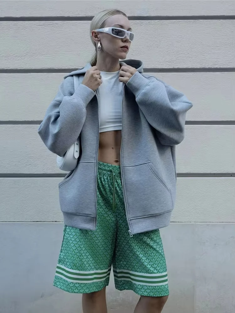 HH Autumn Women Casual Hooded Jacket Loose Oversize Zipper Hoodie Sweatshirts Solid Coat Office Lady Chic Outwear Tops