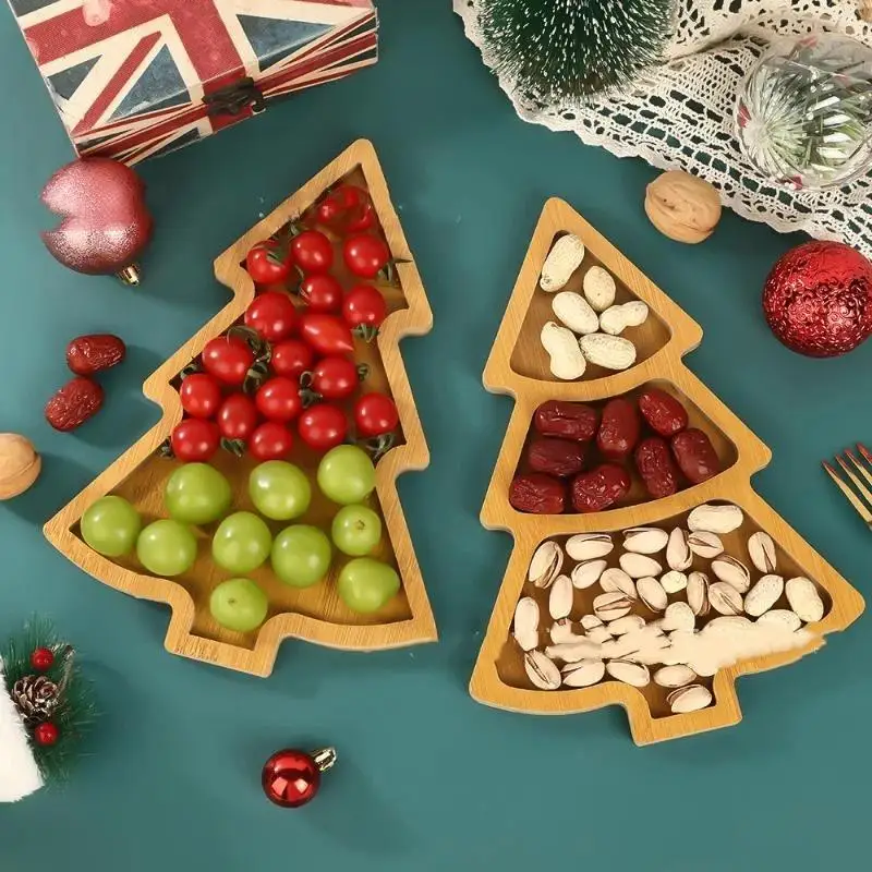 Christmas Tree Shape Wooden Serving Tray For Candy Snack Nut Dried Fruit Desktop Breakfast Plate Home Party Supply