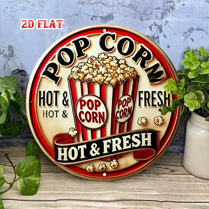 2D Flat Hot Round Aluminum Sign, Popcorn Round Wall Decor Fresh Rustic Metal Wall Art, Retro Style Metal Wall Art Decor