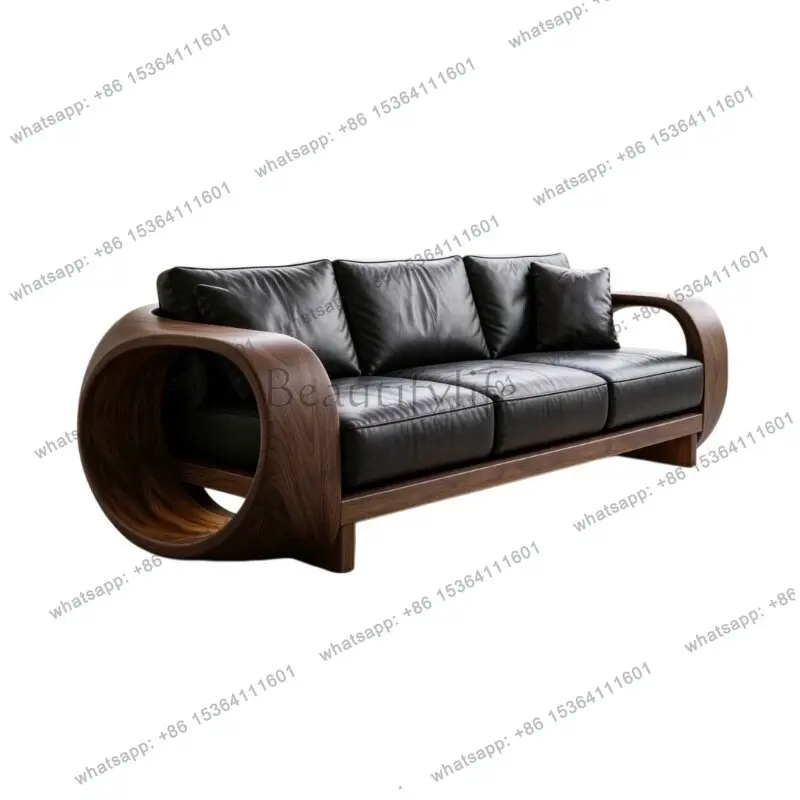 

Modern simple black walnut solid wood sofa three-person black leather backrest curved design living room furniture
