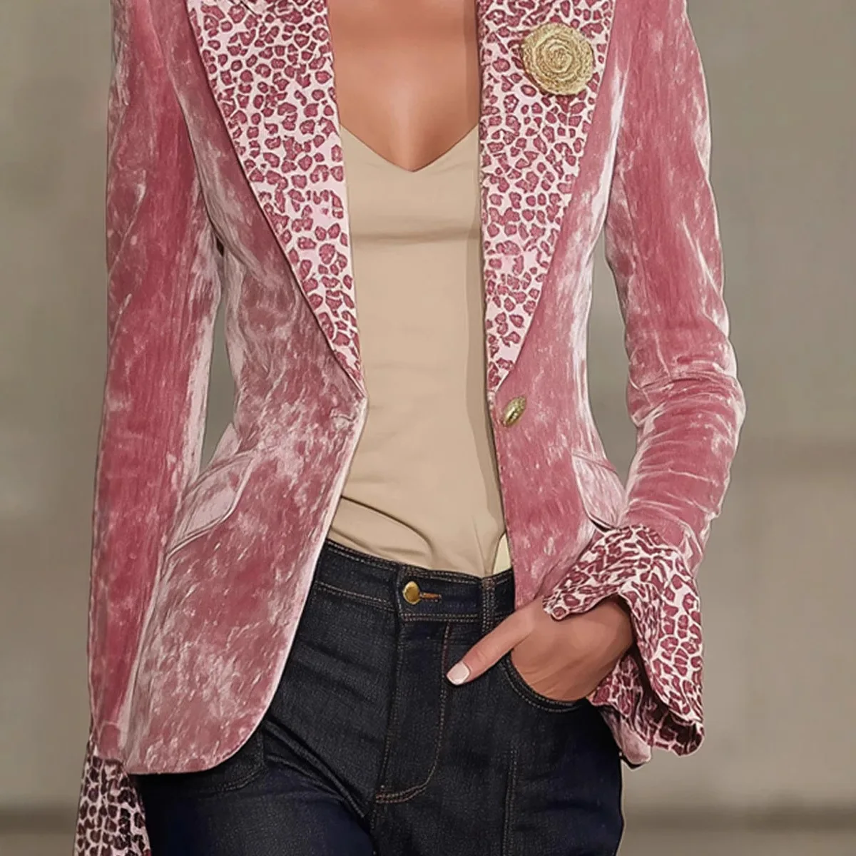 Women Velvet Blazer Leopard Print Lapel Cuff Single Button Suit Jacket Elegant Outerwear Coat Female Spring/Autumn Fashion Tops