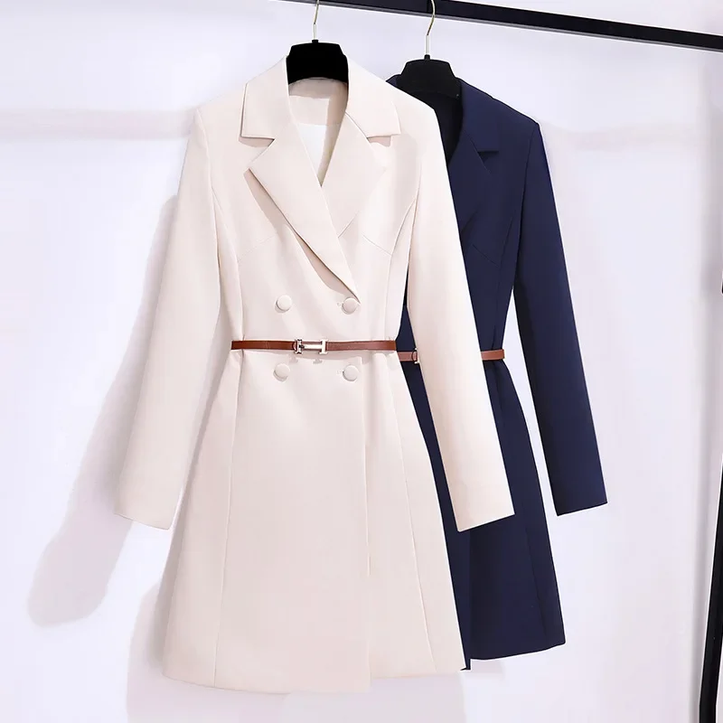 Weiße Frauen anzüge 1 Stück Blazer Baumwolle lange Jacke mit Gürtel formelle Büro Dame Business Arbeit tragen Outfit Mantel Herbst Outfit