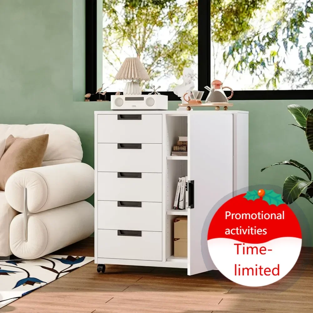 

Hot salesMobile Lateral File Cabinet with 5 Drawers, Door & Shelf, Office Organizer Printer Stand on Wheels, White Storage