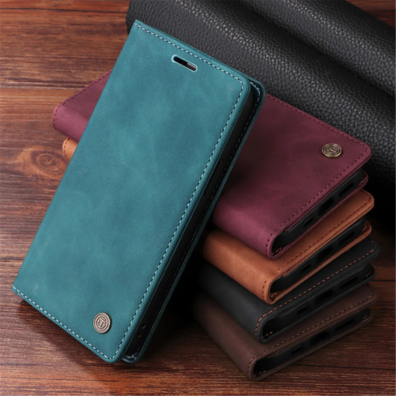 Leather Sucker Flip Phone Case For iPhone 6S 7 8 Plus 15 14 13 Pro Max 11 Pro 12 Mini XR X XS Max Luxury Shockproof Wallet Cover