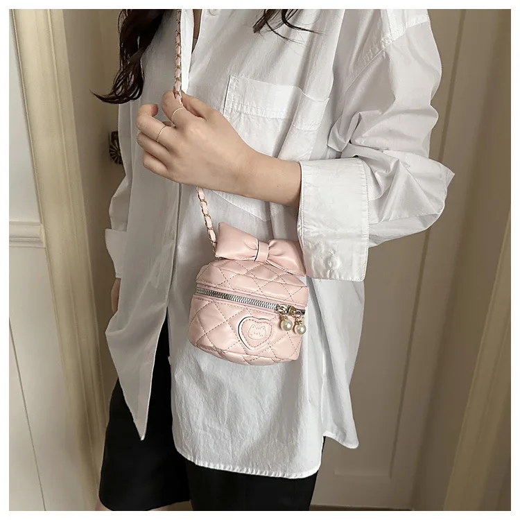 Sweet Bow Heart Women Mini Shoulder Bags Simple Solid Color Ladies Chain Crossbody Bag Thread Design Girls Pearl Zipper Handbag