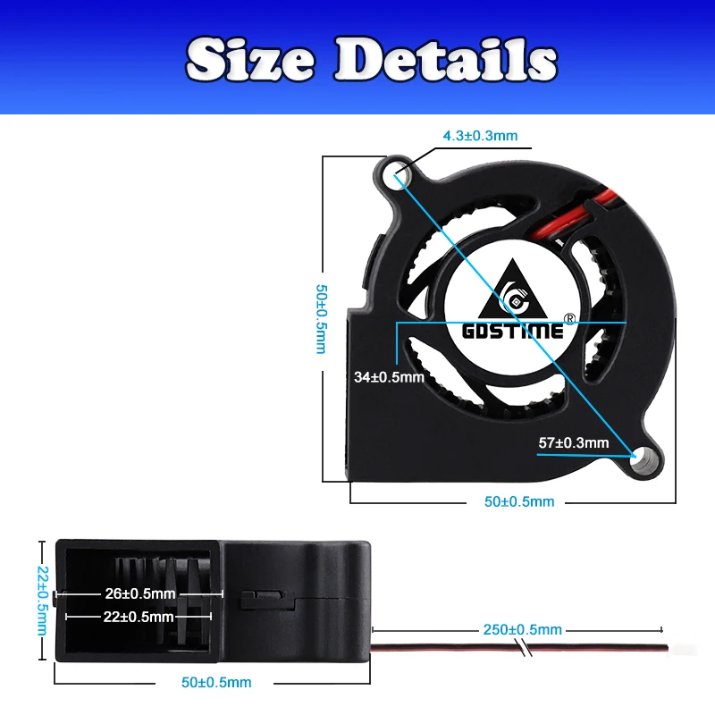 Gdstime-5020 50 × 50 × 20mm 5cm DC 5V 12V 24V 브러시리스 2 핀 터빈 송풍기 팬, 3D 프린터 LED 조명 냉각 쿨러 팬, 2 개