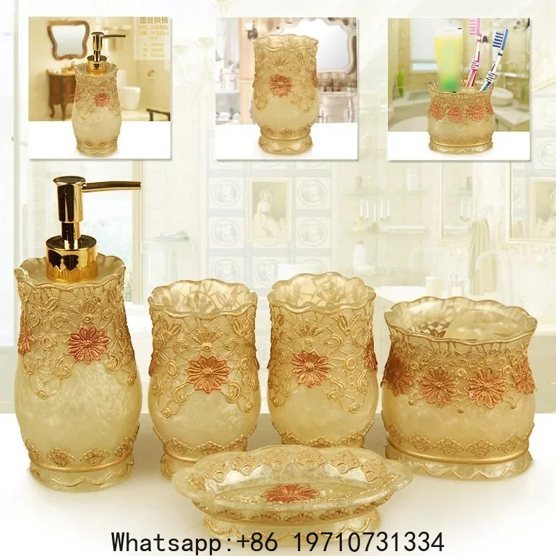 Classical Flower Pattern Resin Bathroom Accessories Toothpaste Holder Bath Lotion Bottle Mouth Cup Toilet Brush Bath Supplies