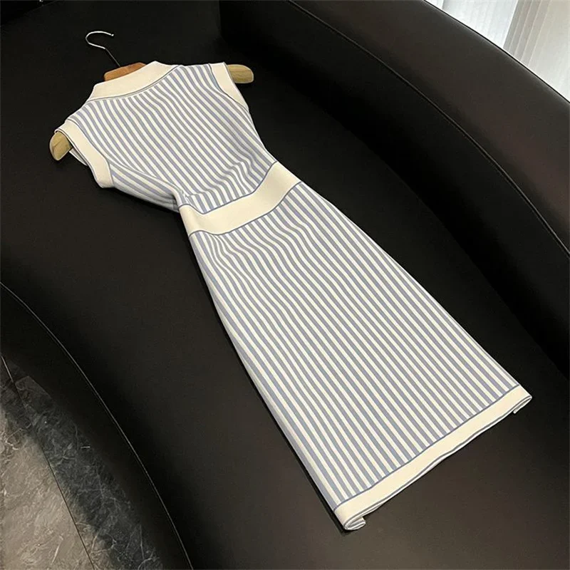 Elegant Women Turn Down Collar Elatic Waist Bodycon Sundress Fashion Stripes Long Vestidos 038A Summer Patchwork Tank Knit Dress